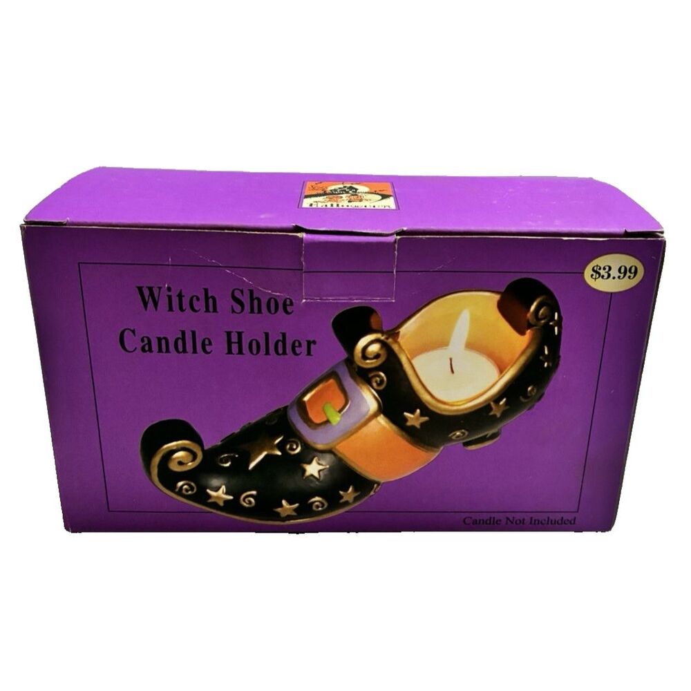 Witch Shoe Tea Light Candle Holder Ceramic Black Orange Halloween Decor Vintage